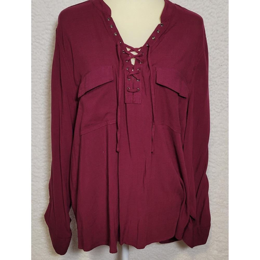 Rock & Republic Lace Up Neckline Blouse Top NEW XXL 2XL Roll Tab Sleeve 1215